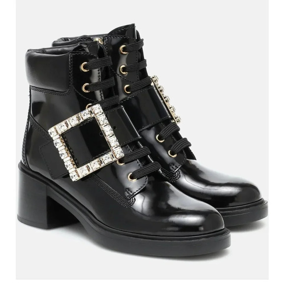 Roger Vivier Black Lace up Ankle Boots with Rhinestone Buckle 36.5
